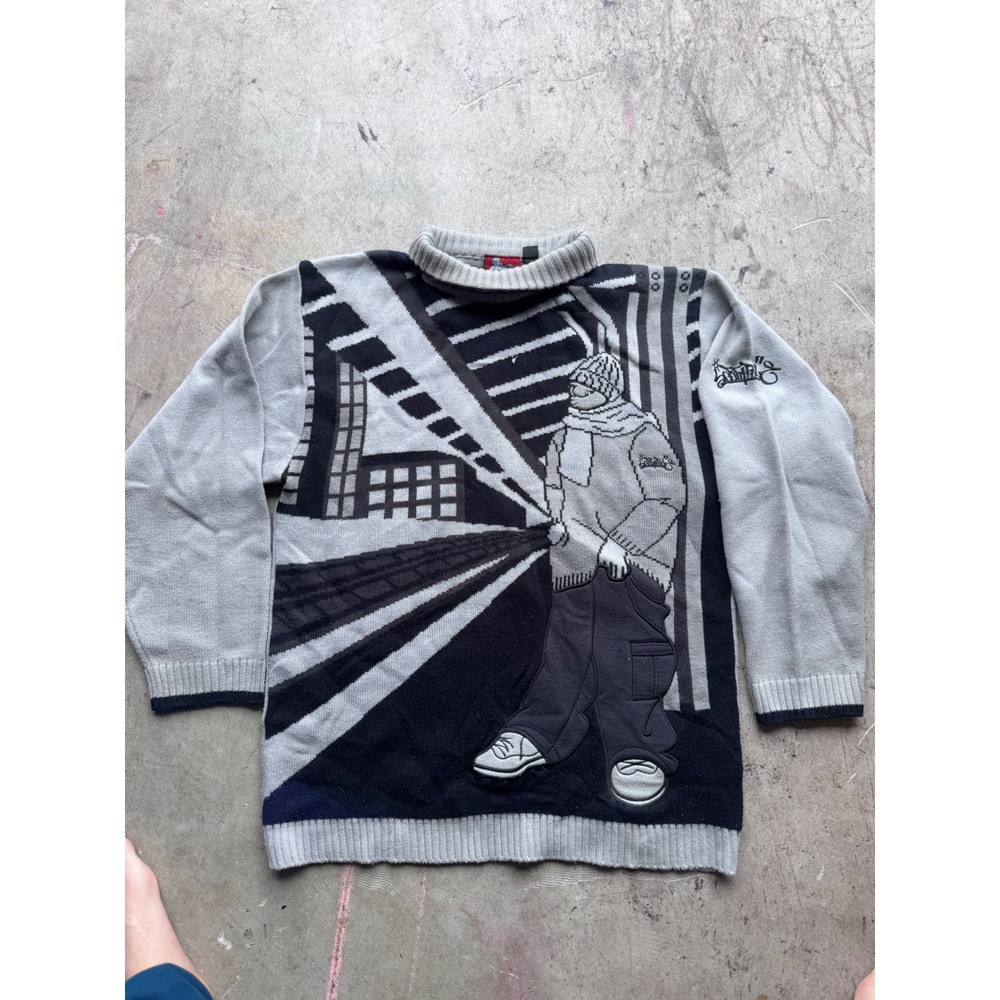 Southpole Vintage Graphic Knit Sweater Grey Black Graffiti Streetwear Mens L